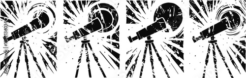 black and white retro microphone icons with burst effect, set of four variations on tripod stands