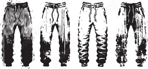 four black and white sketched jogger pants with drawstring waist and elastic cuffs