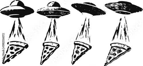 Ufos abducting pizza slices flying saucers with beams capturing various pizza pieces in black and white sketch