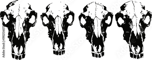 black and white animal skull silhouettes in a repeating pattern gothic, spooky, horror design with creepy skeletal theme