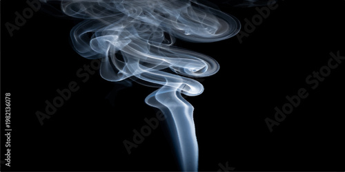 A smooth blue wave of burning incense smoke creates a graceful swirling pattern and elegant shape against a dark black background