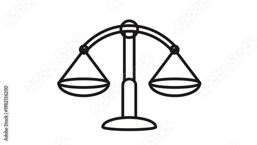 Black vector icon of a balance scale of justice, minimalist line art illustration representing law, fairness, and legal judgment, isolated on a white background for graphic design and web use.