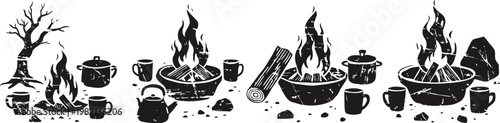 Different campfire settings with pots, mugs, and firewood illustrations in black silhouette