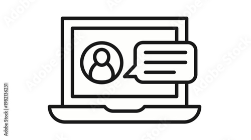 Laptop computer vector icon with user profile and speech bubble for online chat, digital communication, video conferencing, and customer support illustration on a white background.