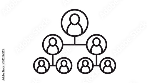 Minimalist black line art vector icon of an organizational chart or hierarchy structure. Features a leader at the top connected to team members below, symbolizing management, teamwork, and networking.