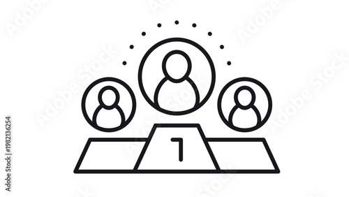 Black line vector icon of a sports or business competition winners podium with three people, featuring a first-place leader with a dotted halo symbol, representing success and achievement.