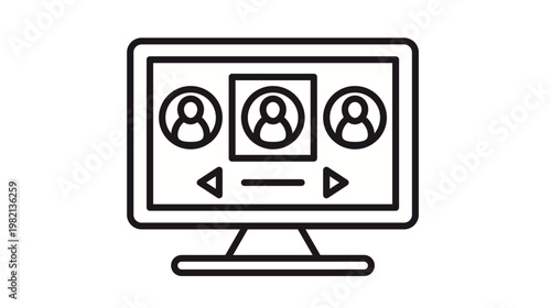 Black line vector icon illustration of a computer monitor screen displaying a user profile selection carousel with three person avatars, navigation arrows, and a scroll bar for interface design.