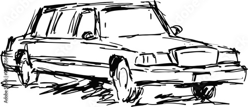 Vintage classic car sketch in black ink with bold lines and dynamic strokes perspective drawing