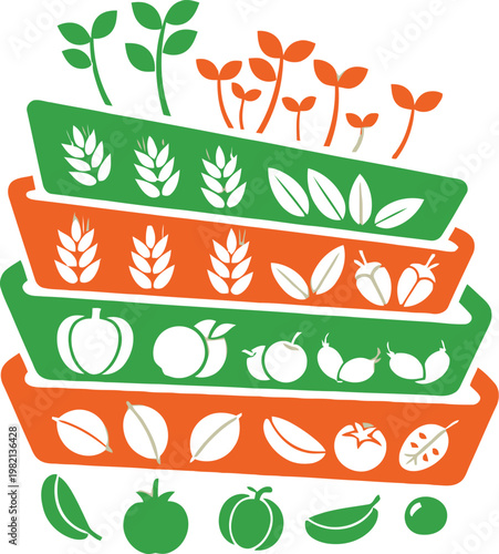 Minimalist premium vector icon bento box with offset layered sections grains vegetables sprouts dual color green orange modern healthy food design