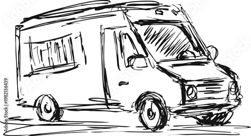 hand drawn camper van sketch vintage recreational vehicle traveling, vacation outdoor adventure, road trip exploration drawing