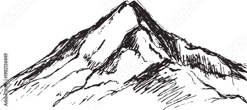 hand drawn mountain sketch with detailed rocky peaks and slopes in black ink