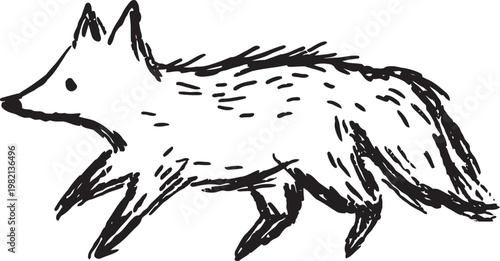 hand drawn fox illustration walking, monochrome sketch art with textured fur and detailed tail