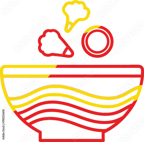 Minimalist premium vector icon bowl with offset wave soup patterns and floating vegetable slices dual color yellow red modern food design
