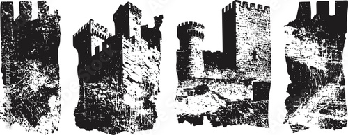 Four black and white grunge castle tower silhouettes with rough textured edges