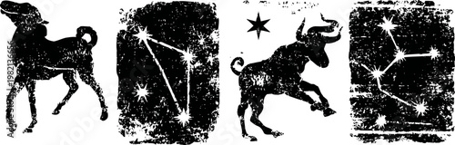 astrological signs of aries and taurus with corresponding star constellations in vintage