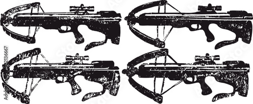 Four black crossbows with scopes arranged in two rows on a white background