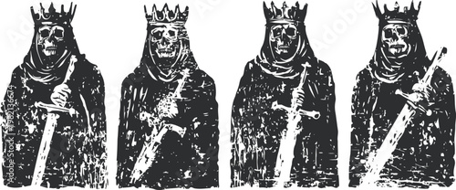 medieval warrior king illustrations holding large swords in black cloak and crown