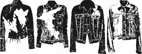 Four black and white men's jackets with different styles and patterns displayed side by side