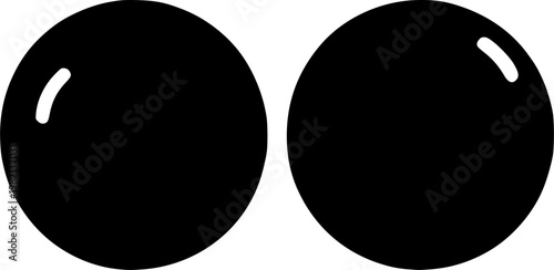 Black Spheres: Two black spheres with a reflective highlight and perfect round shape, illustrating simple geometry and a sense of depth, creating a contrast.