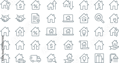 Real Estate and Property Icon Set with House, Mortgage, Investment, Rent, Sale, Home Services, and Housing Market Outline Vector Collection for Business Design