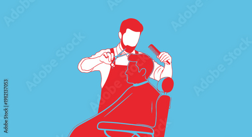 Barber cutting hair with scissors and comb.