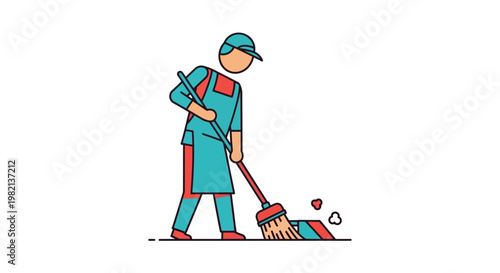 Cleaner sweeping floor with broom and dustpan illustration.