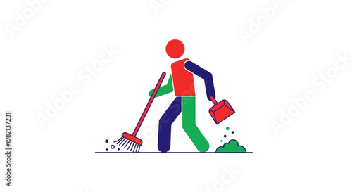 Colorful stick figure sweeping and collecting trash with broom and dustpan.