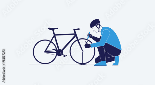 Cyclist repairing bicycle wheel on a stand.