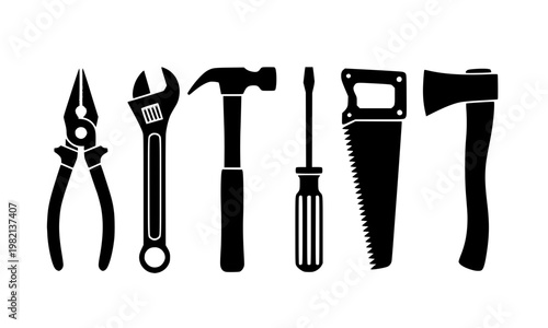 Black silhouette set of six hand tools including pliers, wrench, hammer, screwdriver, hand saw, and axe isolated on white background for construction and DIY repair concepts