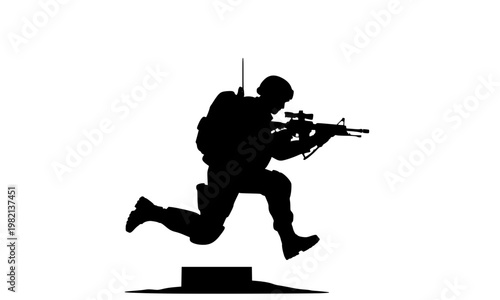 Black silhouette of an armed soldier in full tactical gear running and aiming a rifle, isolated on a clean white background for military and combat concepts