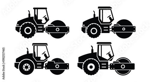 Four black silhouette icons depicting various road rollers and construction vehicles