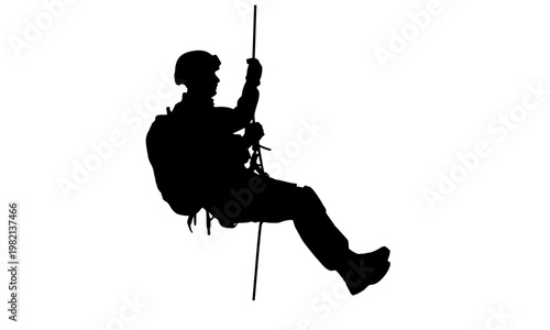 Black silhouette of a fully equipped military soldier abseiling down a vertical rope in tactical gear, isolated on a white background for defense and adventure use