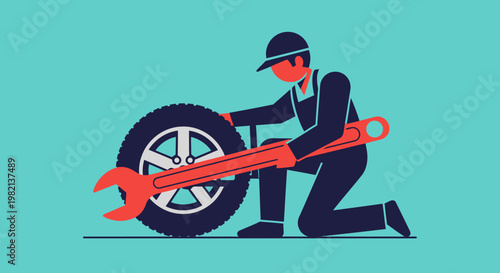 Mechanic changing car tire with a large wrench, automotive repair service.