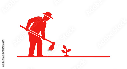 Red silhouette of a farmer tending to a small plant with a hoe.