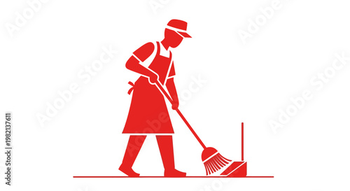 Red silhouette of a person sweeping the floor with a broom and dustpan.