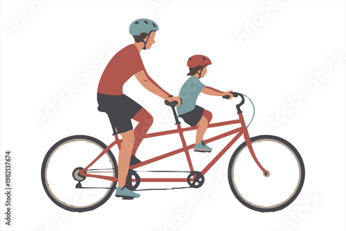 Parent and young child on tandem bicycle wearing safety helmets for fun outdoor recreational ride