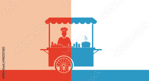Street Food Vendor Silhouette with Colorful Cart.