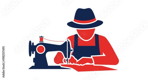 Stylized illustration of a tailor working at a sewing machine.