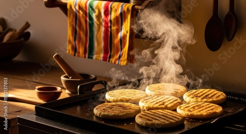 Fresh corn arepas cooking on a hot griddle with steam in a rustic kitchen