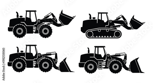 Silhouettes of various construction loaders and heavy machinery equipment