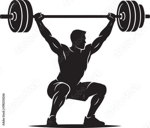 Bold Black Silhouette of Person Lifting Barbell Overhead in Squat Position Representing Strength, Fitness, Determination in Simple Vector Style