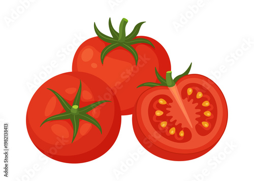 Group of ripe red tomatoes including two whole fruits and one half cut showing seeds. Hand drawn flat style isolated on transparent background. For stickers, menus, poster, food packaging and recipes
