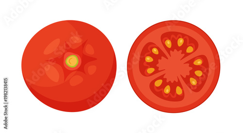 Two round tomato slices and one half cut tomato. Hand drawn flat style isolated on transparent background. For stickers, menus, posters, cooking instructions, recipe blogs, and organic food packaging