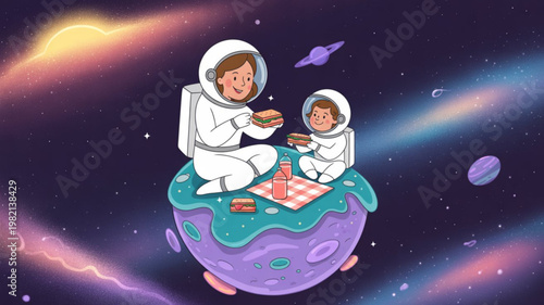 Astronauts playing chess on a floating planet in space with colorful cosmic background