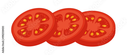 Three round red tomato slices arranged in row. Hand drawn trendy flat style isolated on transparent background. For stickers, menus, posters, food packaging, burger recipes, and kitchen decor