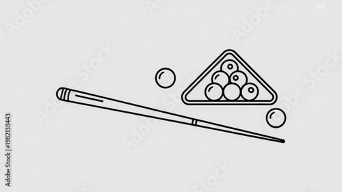 Pool cue and balls in triangle rack on table for billiards game