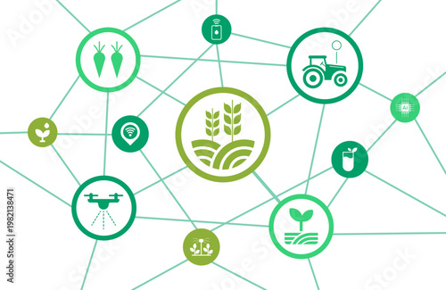 vector, technology, agriculture, farming, network, icons, tractor, drone, wheat, carrots, sprout, irrigation, agribusiness, innovation, efficiency, development, sustainability, strategy, investment, s