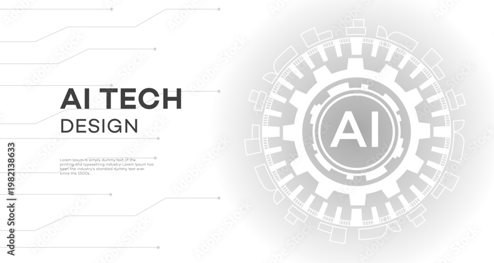 Fototapeta premium Modern AI Tech Design graphic featuring bold text, abstract connecting lines, and a central circular AI emblem within an intricate gear pattern, symbolizing innovation and data processing.