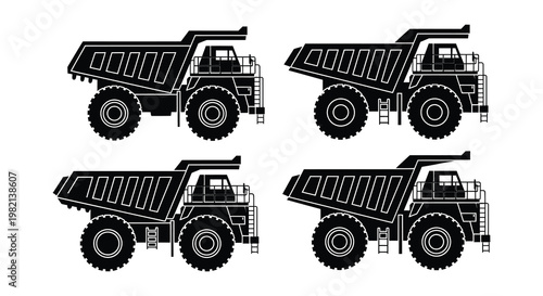 Four black silhouettes of large mining dump trucks on a white background