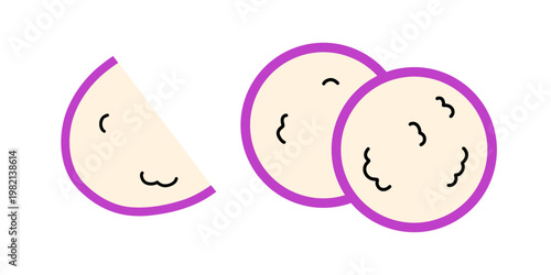 Vector flat illustration of radish slices set. Purple edged wedge and round pieces in light beige. Simple radish collection for salad recipe, healthy food infographic, vegan menu or vegetable design.